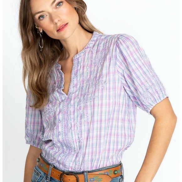 Johnny Was Malo Puff Sleeve Blouse Lilac Embroidered Plaid Bird Floral Small - Picture 2 of 13